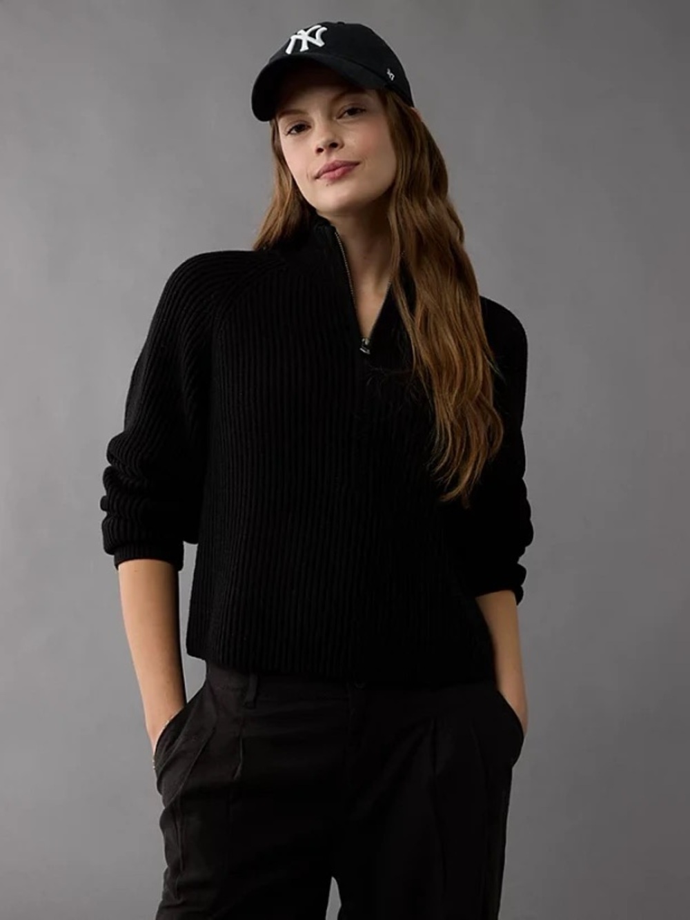 American Eagle Black Half-Zip Ribbed Sweater - Women's